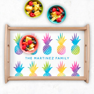 Tropical Pineapple Rainbow Watercolor Custom Name Serving Tray