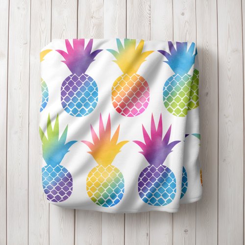 Tropical Pineapple Rainbow Watercolor Pattern Fleece Blanket