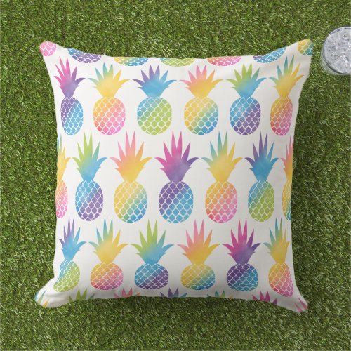 Tropical Pineapple Rainbow Watercolor Pattern Outdoor Pillow