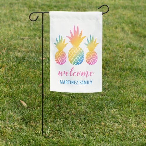 Tropical Pineapple Rainbow Watercolor Welcome Name Garden Flag