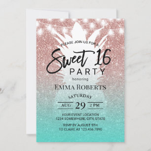 Tropical Pineapple Rose Gold Aqua Teal Sweet 16 Invitation