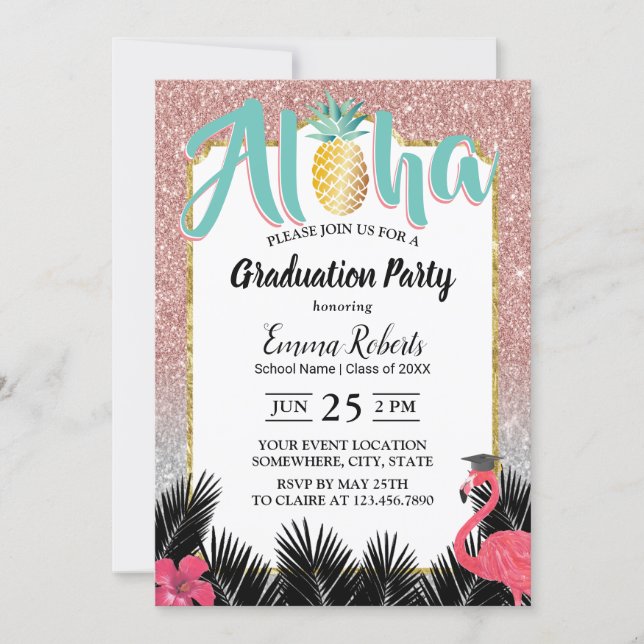 Tropical Pineapple Rose Gold Glitter Graduation Invitation (Front)