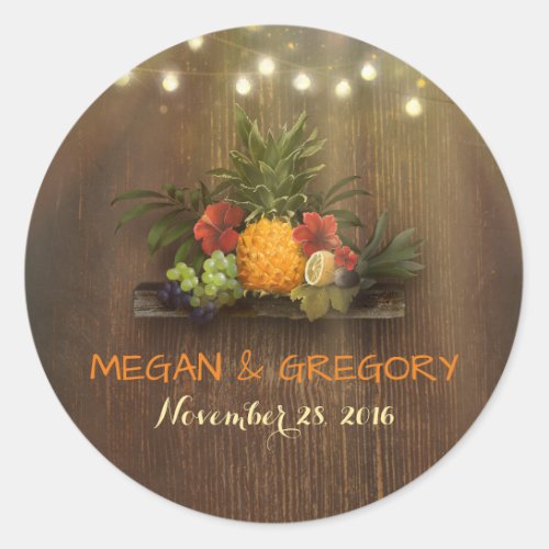 Tropical Pineapple Rustic Beach Lights Wedding Classic Round Sticker - Rustic beach wedding seal with pineapple, palm leaves and string lights