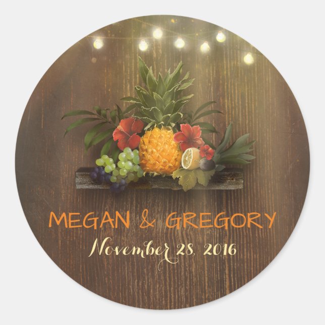 Tropical Pineapple Rustic Beach Lights Wedding Classic Round Sticker (Front)