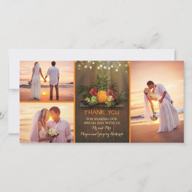 Tropical Pineapple Rustic Beach Wedding Thank You Card (Front)