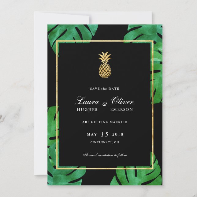 Tropical Pineapple Save the Date, Black and Gold Date (Front)