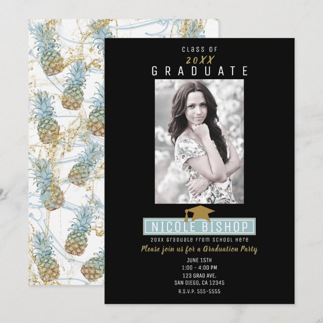 Tropical Pineapple Splash Graduation Party Invitation (Front/Back)