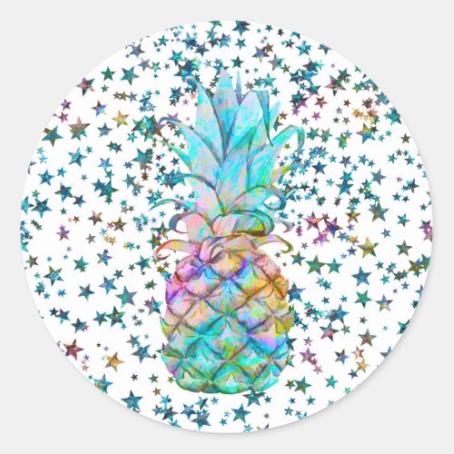 Tropical Pineapple Stars Color Splash Luau Party Classic Round Sticker