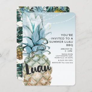 Tropical Pineapple & String Lights Summer Luau BBQ Invitation