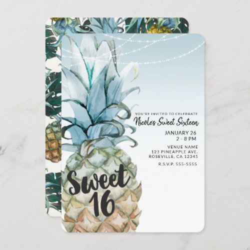 Tropical Pineapple  String Lights Sweet 16 Party Invitation