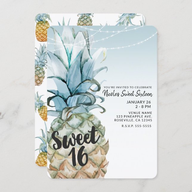 Tropical Pineapple & String Lights Sweet 16 Party Invitation (Front/Back)