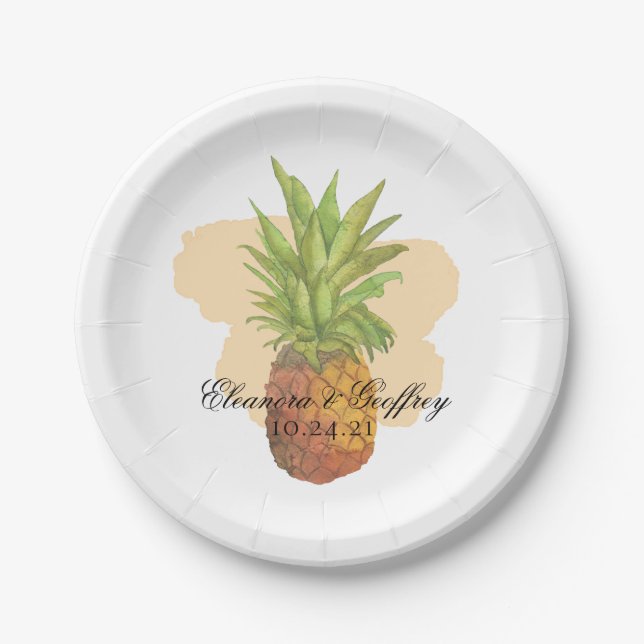 Tropical Pineapple Summer Watercolor Wedding Paper Plates (Front)