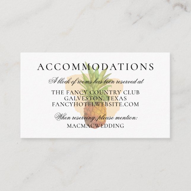 Tropical Pineapple Summer Wedding Accommodations Enclosure Card (Front)