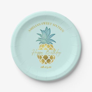 Tropical Pineapple Sweet 16 Happy Birthday ID922 Paper Plates