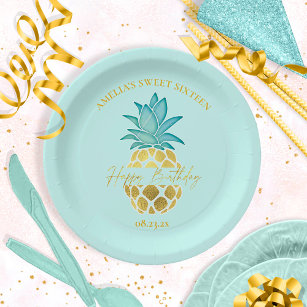 Tropical Pineapple Sweet 16 Happy Birthday ID922 Paper Plates
