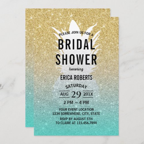 Tropical Pineapple Teal Gold Ombre Bridal Shower Invitation