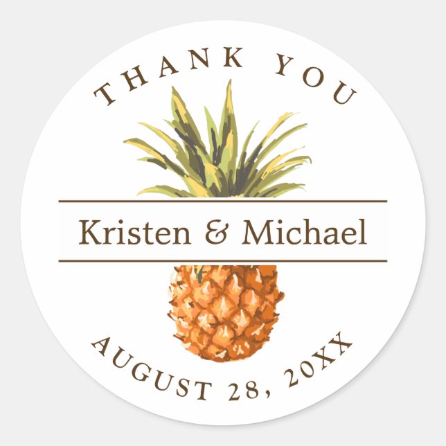 Tropical Pineapple Thank You Wedding Favor Classic Round Sticker (Front)