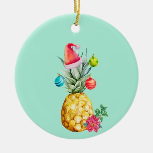 Tropical Pineapple Watercolor Christmas Holiday Ceramic Ornament