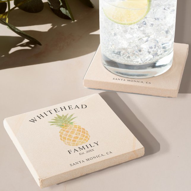 Tropical Pineapple Watercolor Family Stone Coaster (This beautiful coaster showcases an appealing pineapple design, activating a tropical vibe.)