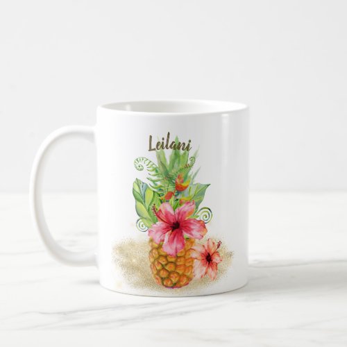 Tropical Pineapple Watercolor Floral Hibiscus Palm Coffee Mug