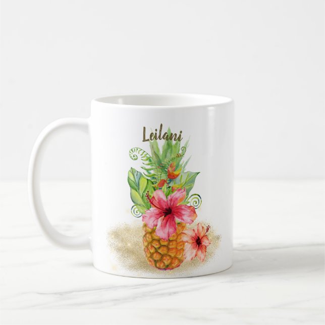 Tropical Pineapple Watercolor Floral Hibiscus Palm Coffee Mug (Left)