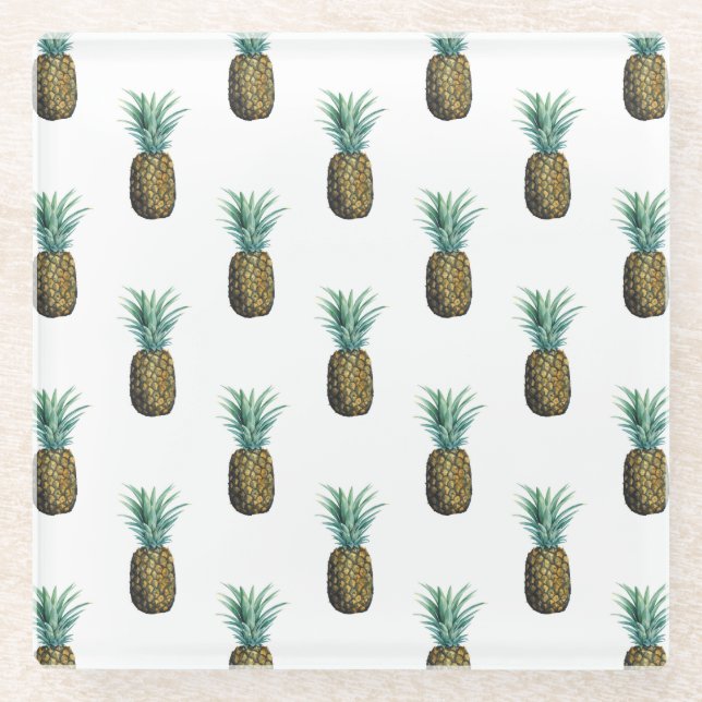 Tropical Pineapple Watercolor Glass Coaster (Front)