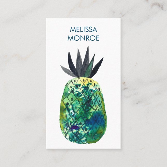 Tropical Pineapple Watercolor green blue Business Card (Front)