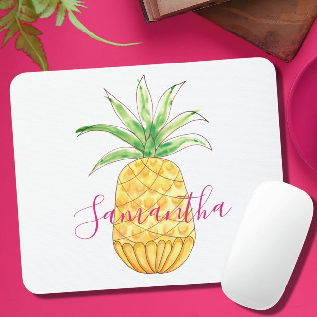 Tropical Pineapple Watercolor Name Monogram Mouse Pad (Creator Uploaded)