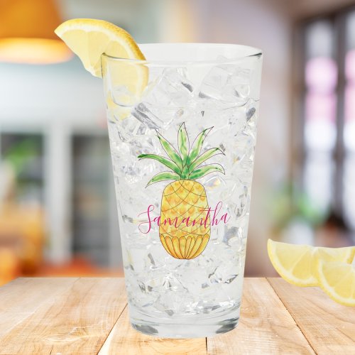 Tropical Pineapple Watercolor Personalized Glass