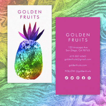 Tropical Pineapple Watercolor Pink Purple Rainbow  Business Card by ShoshannahScribbles at Zazzle