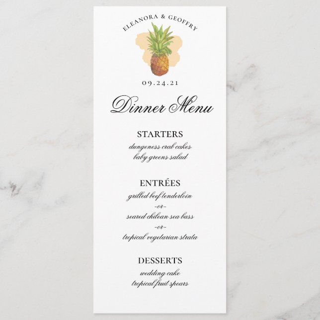 Tropical Pineapple Watercolor Wedding Photo Menu (Front)