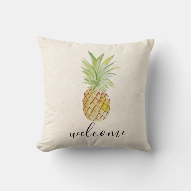 Tropical Pineapple Watercolor Welcome Throw Pillow (Front)