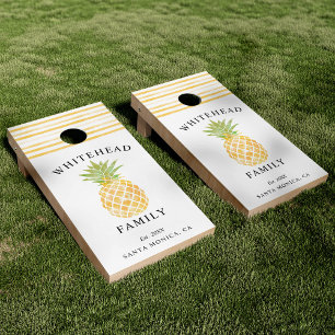 Tropical Pineapple Watercolor Yellow Stripe Cornhole Set