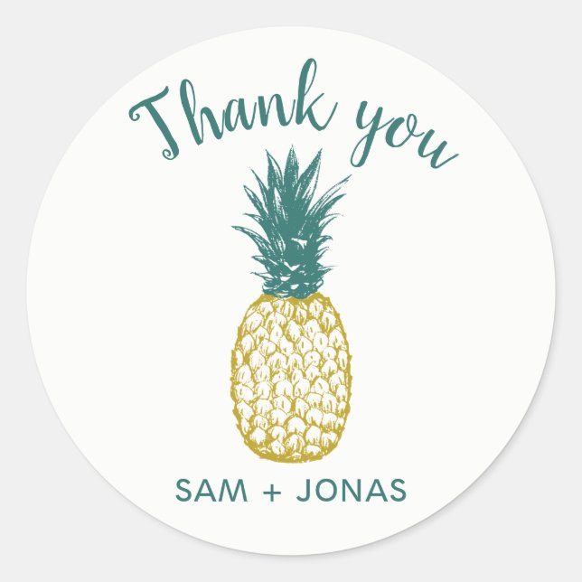 Tropical Pineapple Wedding Favor Thank You Classic Round Sticker (Front)