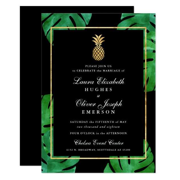 Tropical Pineapple Wedding Invitation Black & Gold