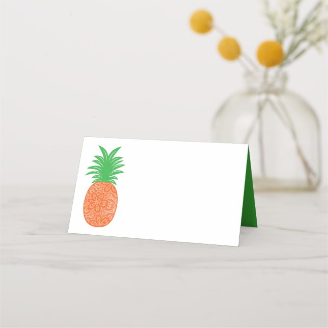 Tropical Pineapple Wedding Orange Green Hawaiian Place Card (Front)