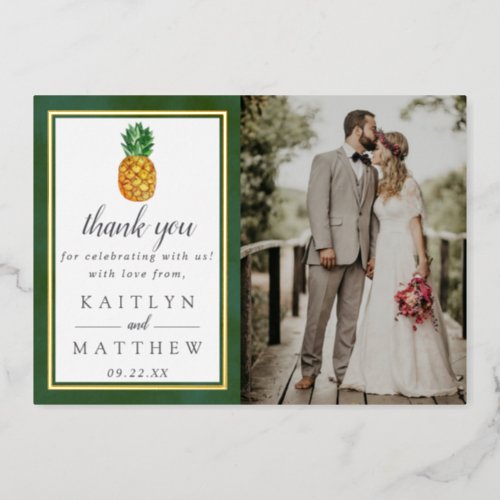 Tropical Pineapple Wedding Photo Thank You Real Foil Invitation
