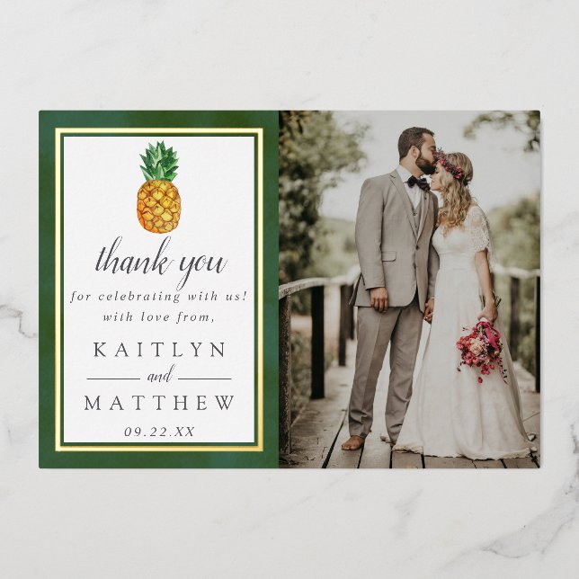 Tropical Pineapple Wedding Photo Thank You Real Foil Invitation (Front)
