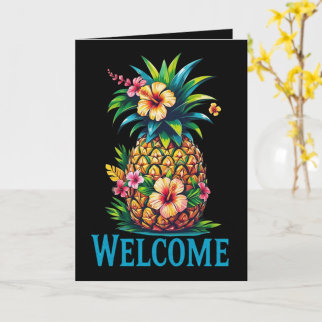 Tropical Pineapple Welcome Greeting Card Aloha (Yellow Flower)
