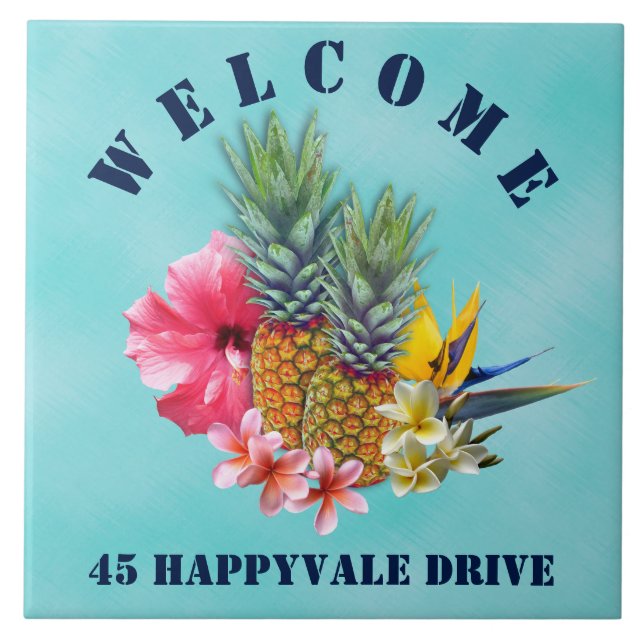 Tropical Pineapple Welcome House Address Ceramic Tile (Front)