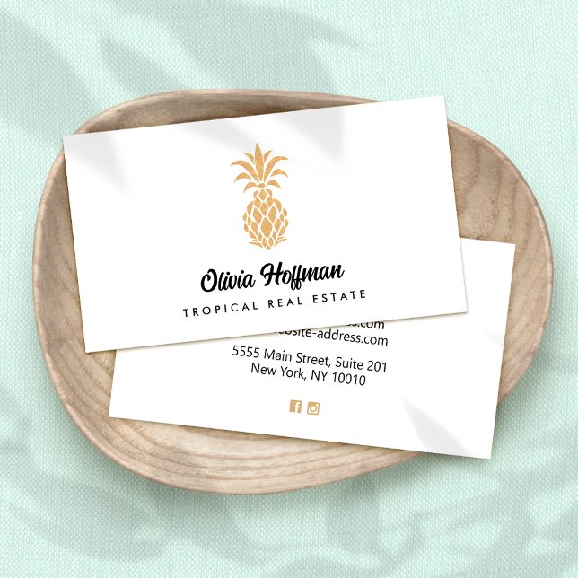 Tropical Pineapple White and Gold  Business Card (Creator Uploaded)