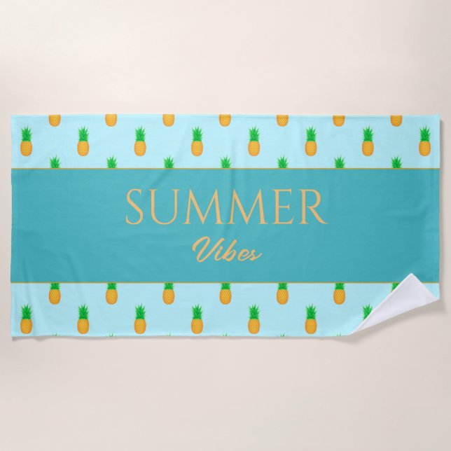 Tropical Pineapple with Summer Vibes Custom Text Beach Towel (Front)