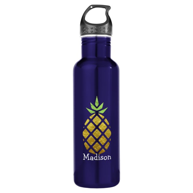 Tropical Pineapple With Your Name Stainless Steel Water Bottle (Front)
