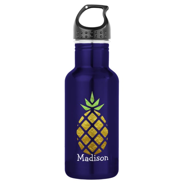 Tropical Pineapple With Your Name Stainless Steel Water Bottle (Front)