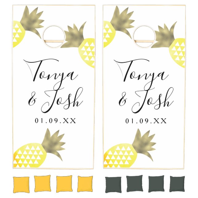 Tropical Pineapple Yellow Gold Wedding Couples  Cornhole Set (Set)