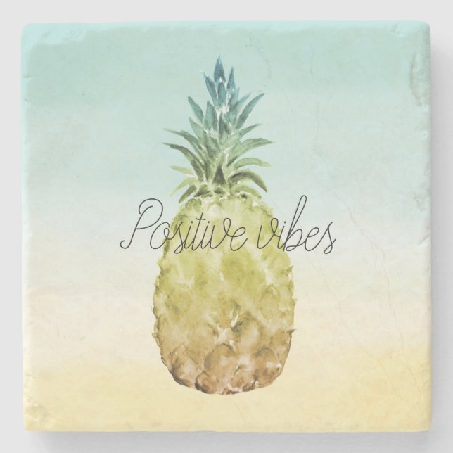 Tropical Pineapple Yellow Mint Ombre personalized Stone Coaster (Front)