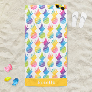 Tropical Pineapple Yellow Monogram Name Beach Towel