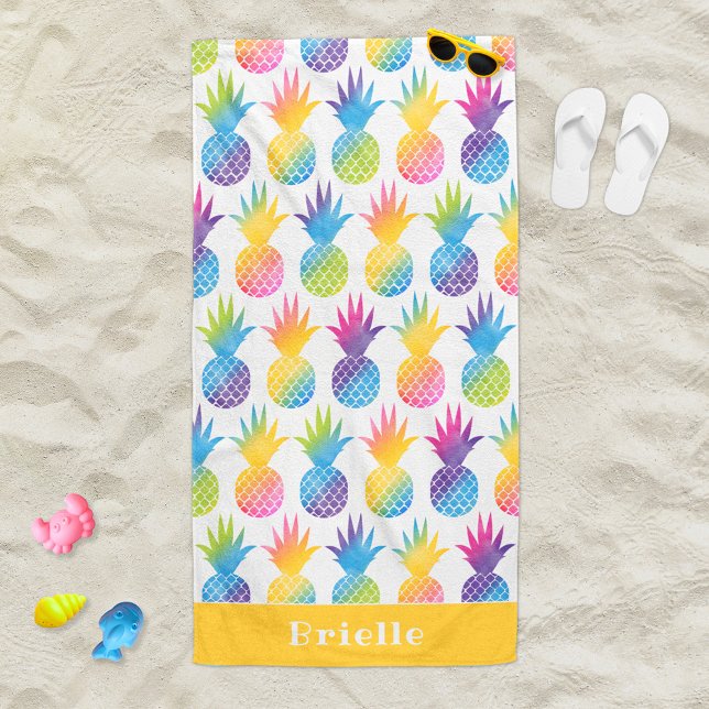 Tropical Pineapple Yellow Monogram Name Beach Towel (Creator Uploaded)