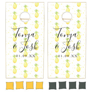 Tropical Pineapple Yellow Pattern Wedding Couples Cornhole Set