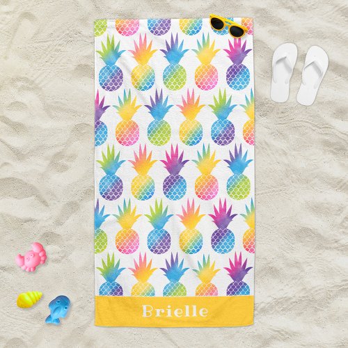Tropical Pineapple Yellow Watercolor Custom Name Beach Towel